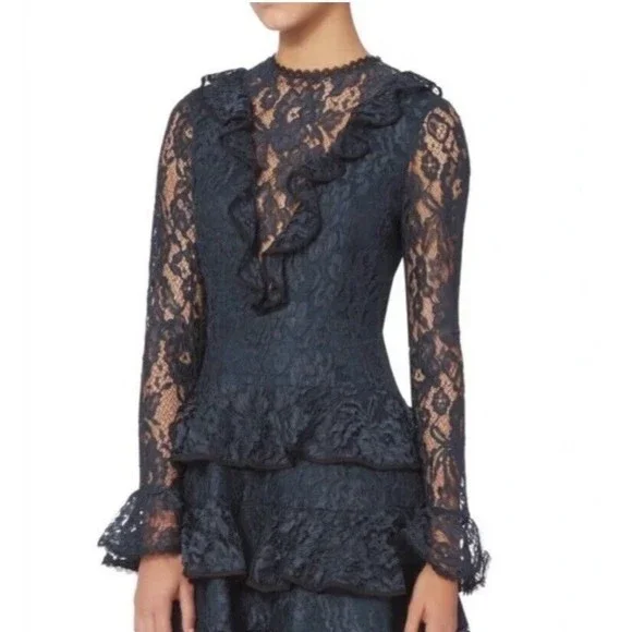 Alexis Tracie Long Sleeve Tiered Ruffled Lace Mini Dress In Navy Size S